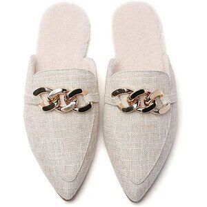 Beige Pointed-Toe Flat Mules with Metal Chain, Sherpa-Lined Backless Loafers Siz
